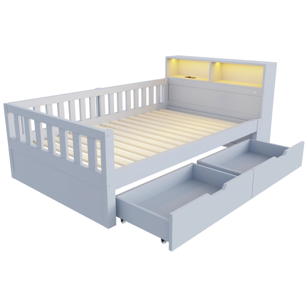 Letto singolo multifunzione 90x200 cm in legno grigio con cassetti; LED e prese USB