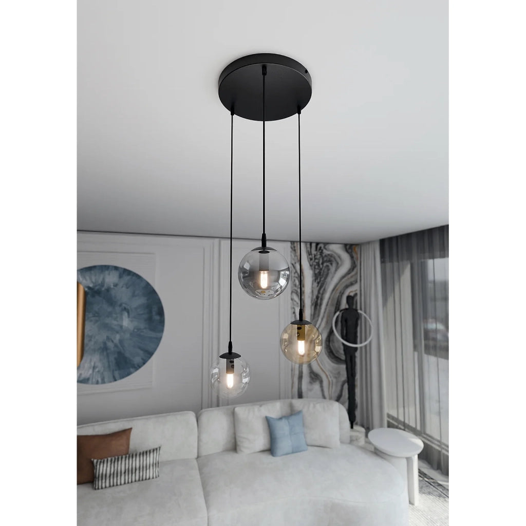 Sospensione 3 Luci Kali In Acciaio Nero Base Tonda E Sfere In Vetro Multicolor