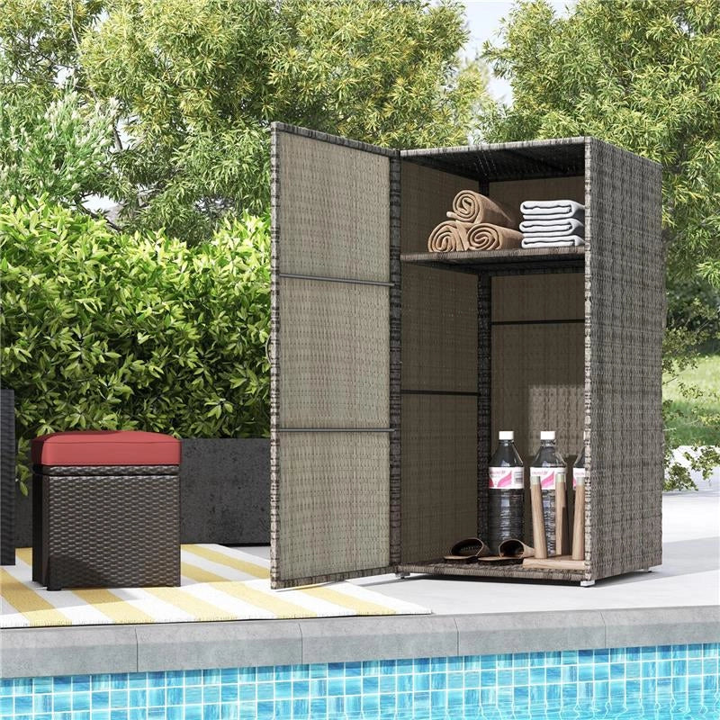 ARMADIO DA GIARDINO IN RATTAN PE CON 2 VANI, 60X63X120CM, GRIGIO