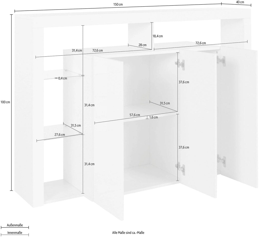 Credenza con 3 Ante e Ripiani in Vetro a Giorno 150x40x100 cm Essential 3A Bianco Lucido