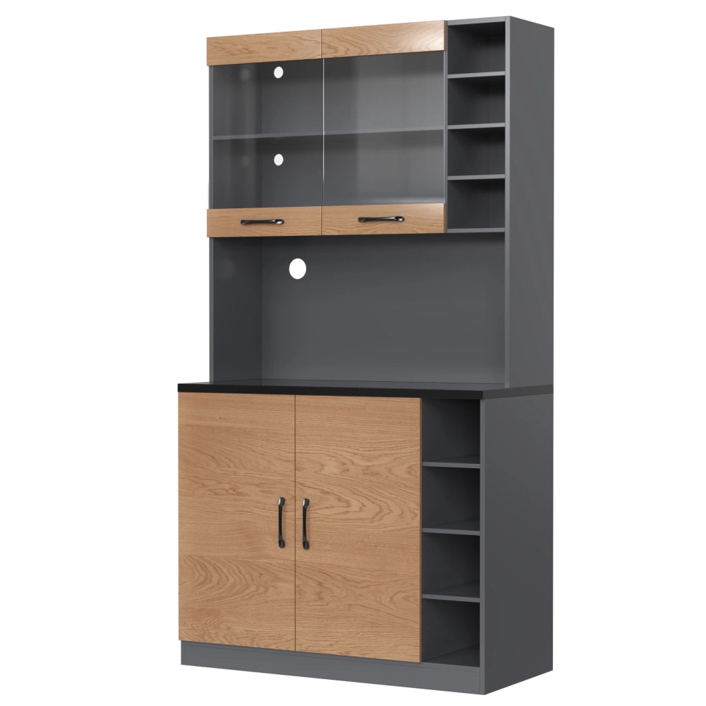 Credenza alta da cucina con LED, ripiani regolabili e vetro, per cucina e soggiorno, grigio naturale, 100 × 47 × 187 cm