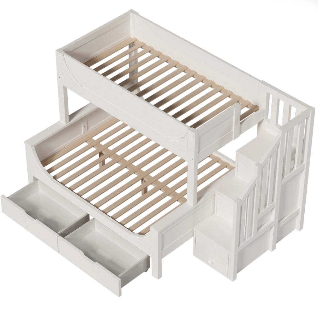 Letto a castello 90x200 e 140x200 cm con mobile scala e cassetti bianco