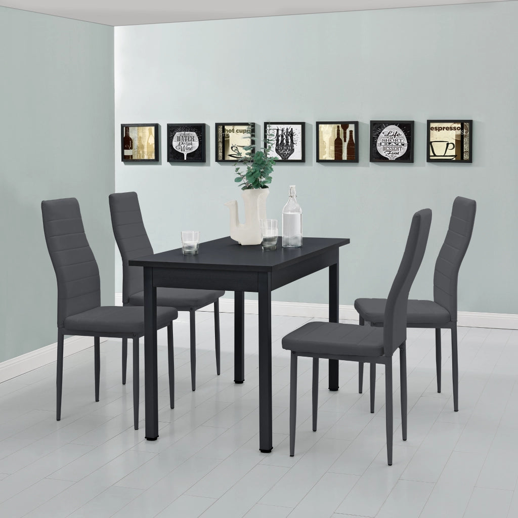 Set da Sala da Pranzo Tavolo con 4 Sedie Gambe in Acciaio Rivestimento in Similpelle - Nero / Grigio Scuro [en.casa]