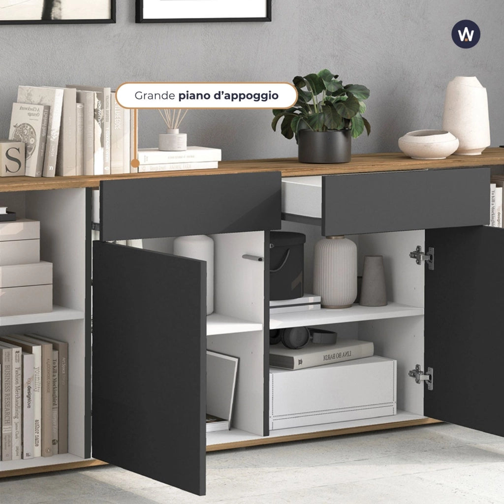 WHOUS Madia Garda a 4 ante e 2 cassetti antracite opaco/rovere 200x35x71 cm