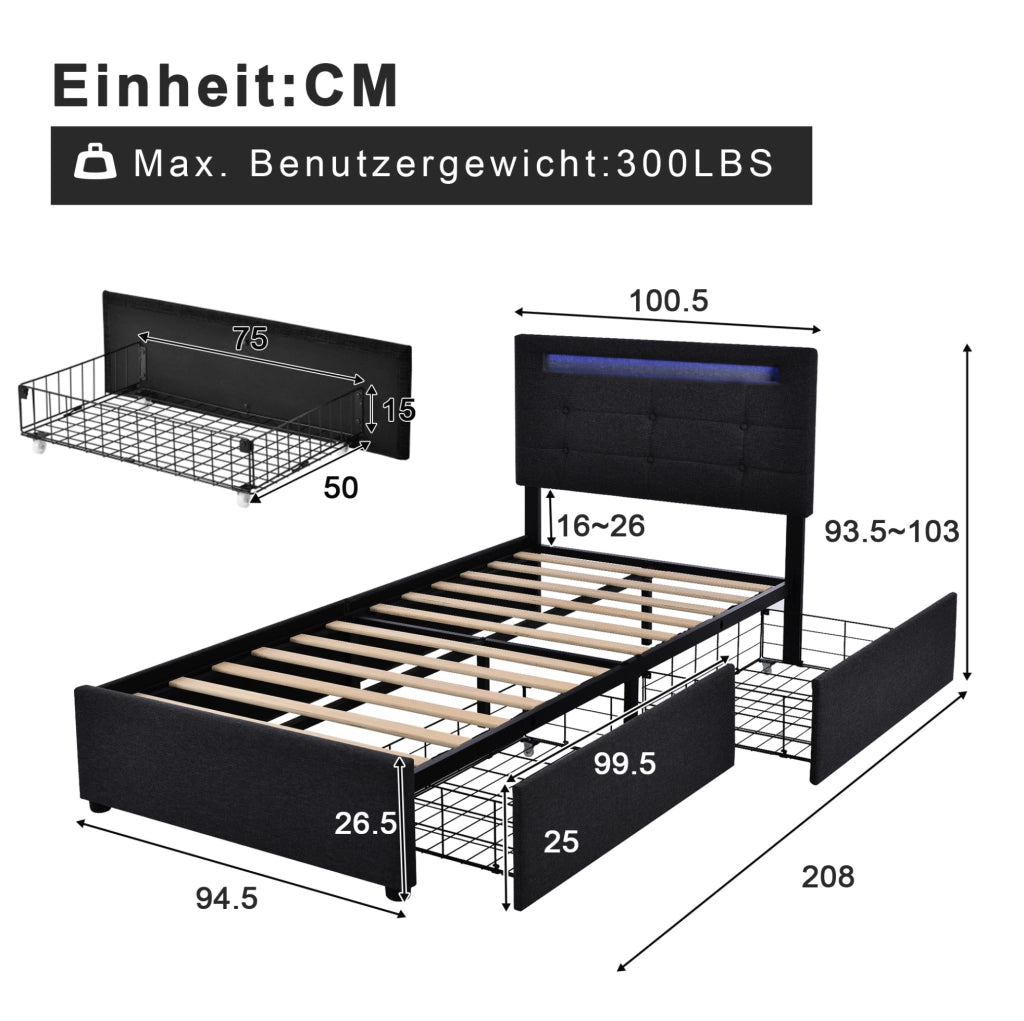 Letto singolo con LED; 2 cassetti e testiera regolabile 90x200 cm; lino nero