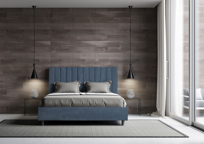 Letto Matrimoniale 160x210 cm con Rete e Contenitore con Testata e Alzata Comoda Imbottito in Microfibra Agueda Blu