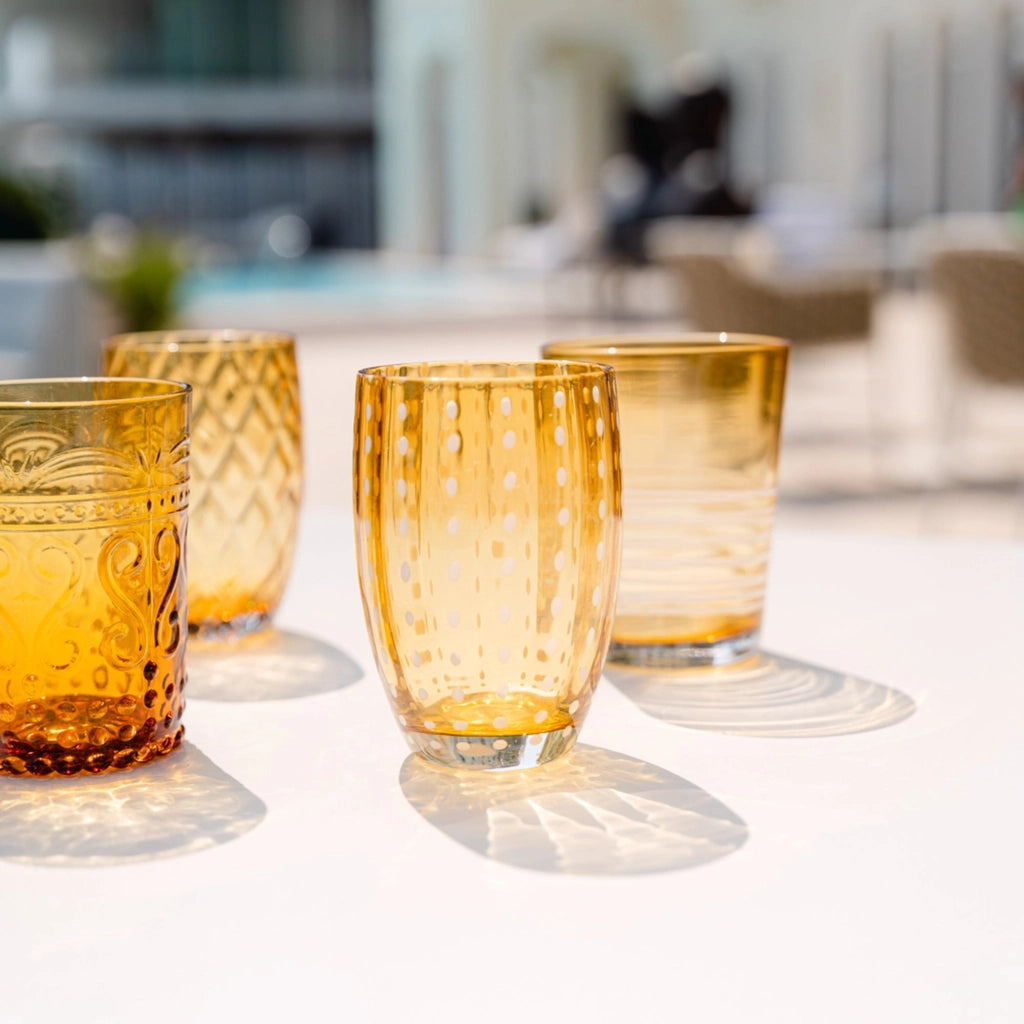 Zafferano Perle Bicchiere Ambra - Vetro Colorato Soffiato a Bocca, 32 cl, Lavorato a Mano - Set da 2 Tumblers Artigianali per Acqua o Cocktail