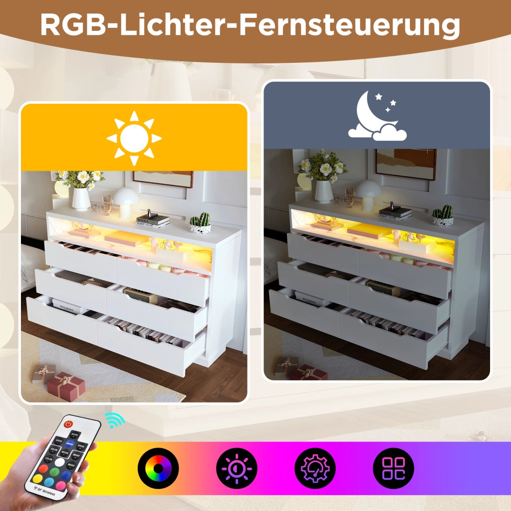 Credenza con 6 Cassetti e LED; Vano Aperto Effetto Marmo; Stile Moderno; in Pannello Truciolare e Metallo; 120??40??85 cm; Bianco