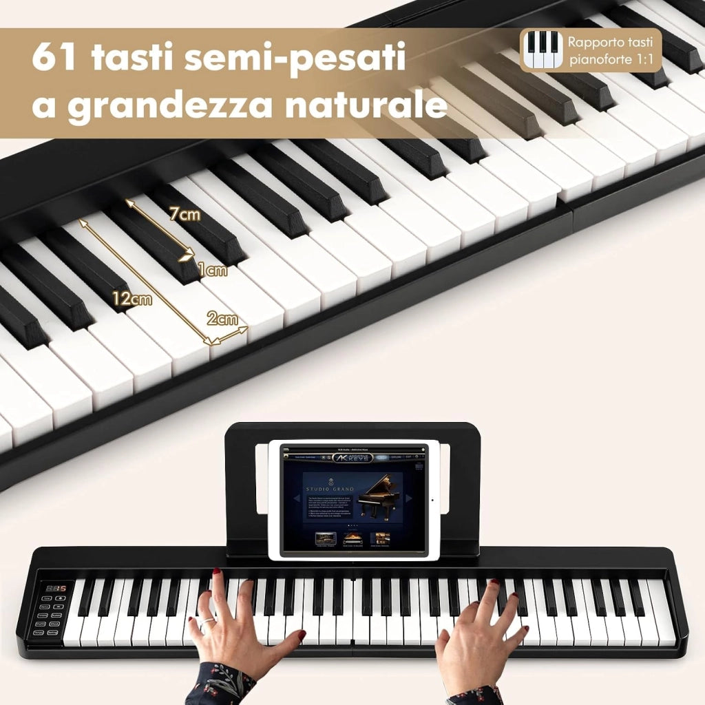 Pianoforte Digitale Pieghevole 61 Tasti, Tastiera Elettronica Portatile, con Tasti a Grandezza Standard Leggio Pedale Sustain MIDI Bluetooth e Borsa, per Principianti Bambini Adulti, Nero