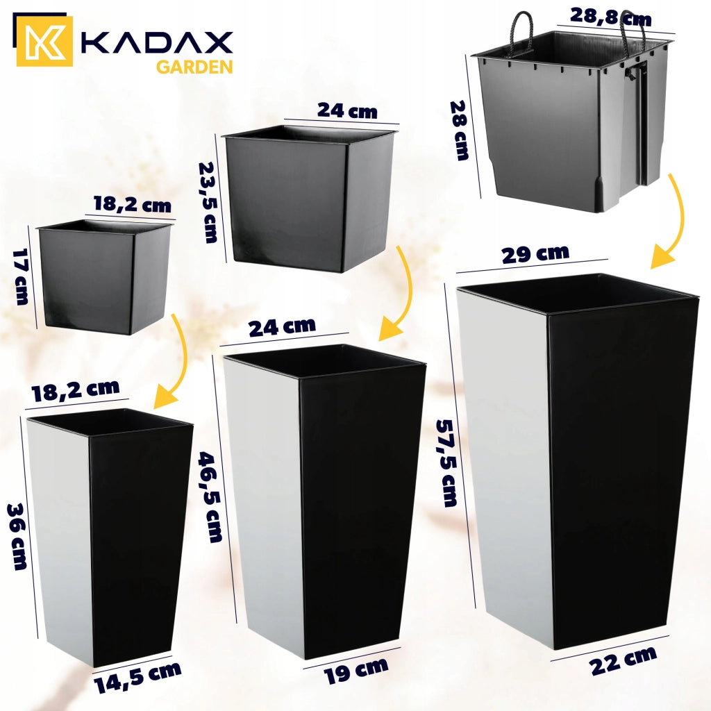 Set di 3 vasi da fiori KADAX, vasi da giardino + inserti, alti e grandi, neri, 37+47+57 cm