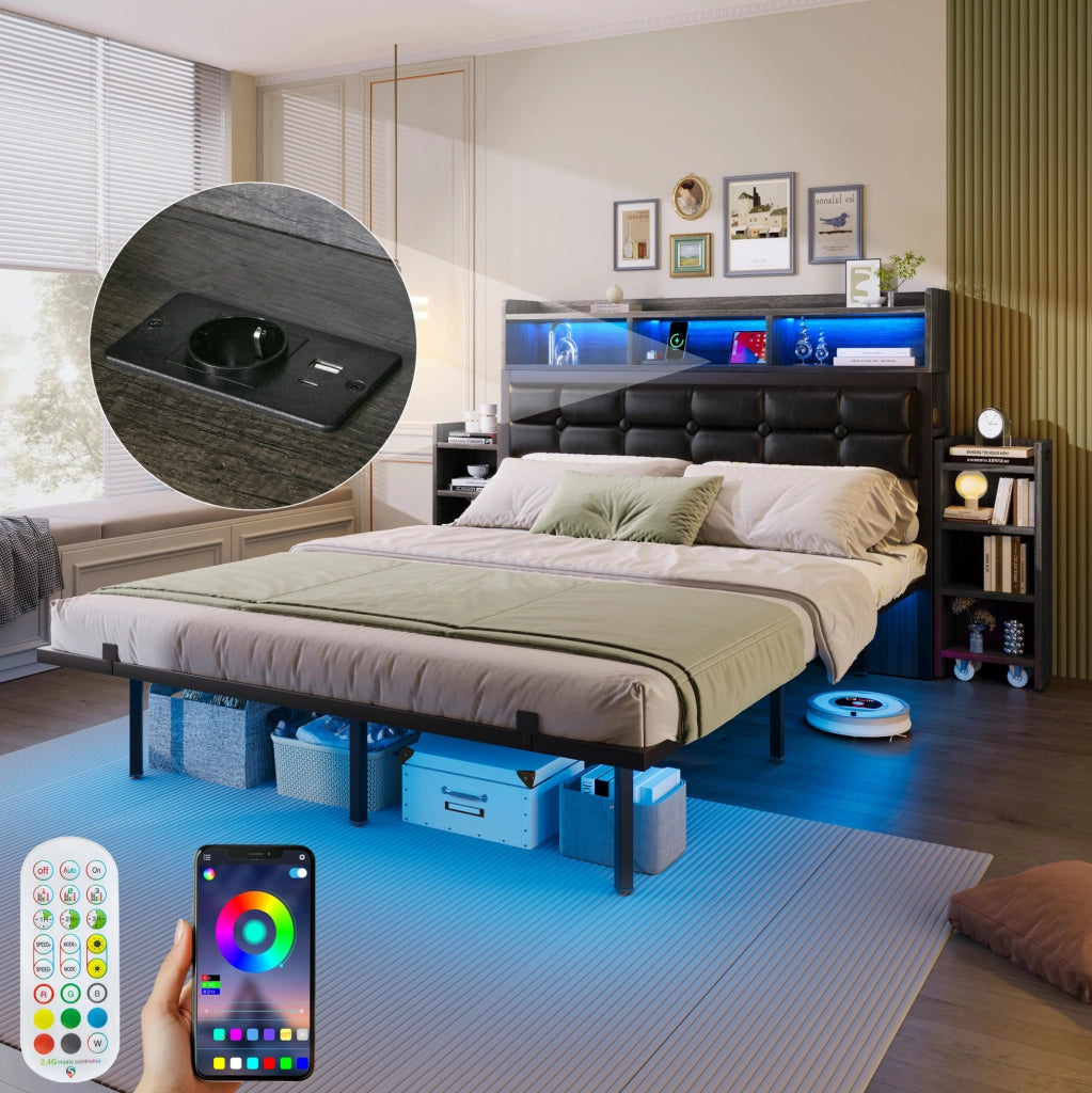 Letto matrimoniale LED 140x190 cm con testiera; USB/USB-C e 2 comodini estraibili grigio