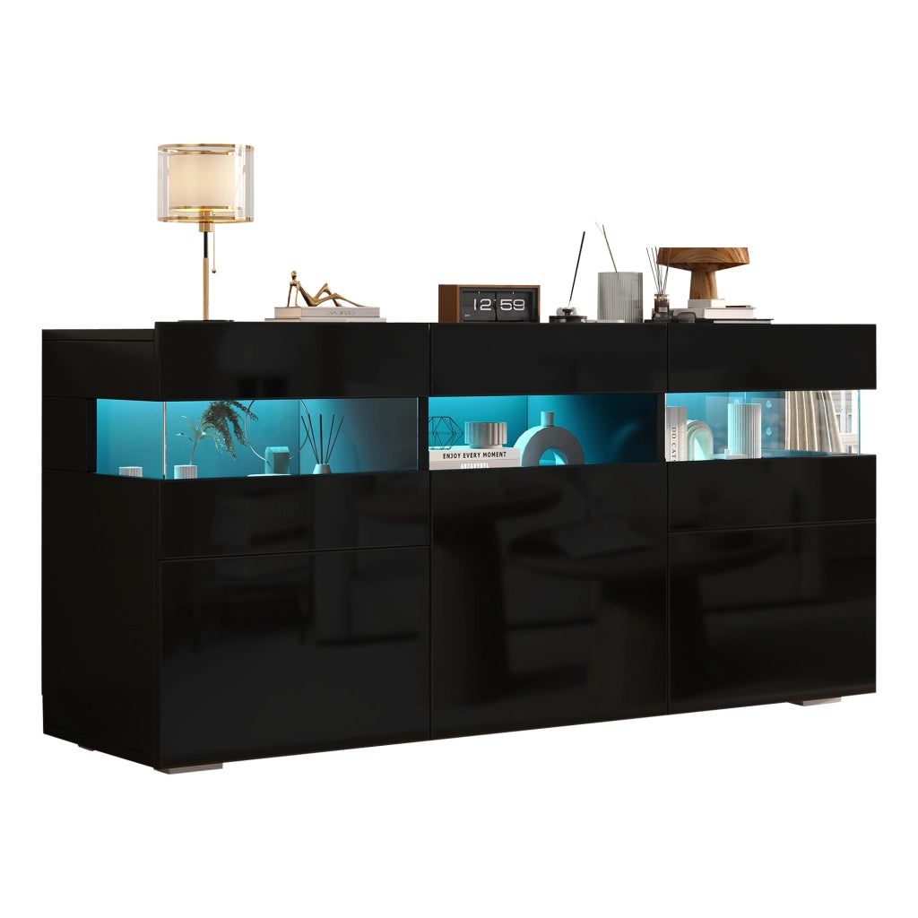 Credenza moderna nera con 3 ante, LED con app, finitura lucida e 7 vani