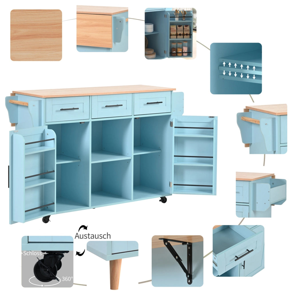 Carrello cucina con piano pieghevole e ruote blu 139 cm