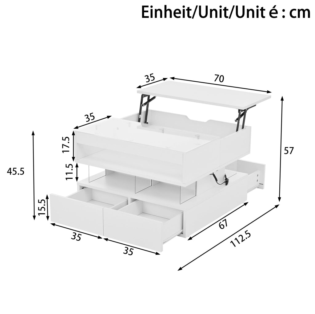 Tavolino da salotto con piano sollevabile 70 x 67 x 57 cm; LED 16 colori; vetro; bianco
