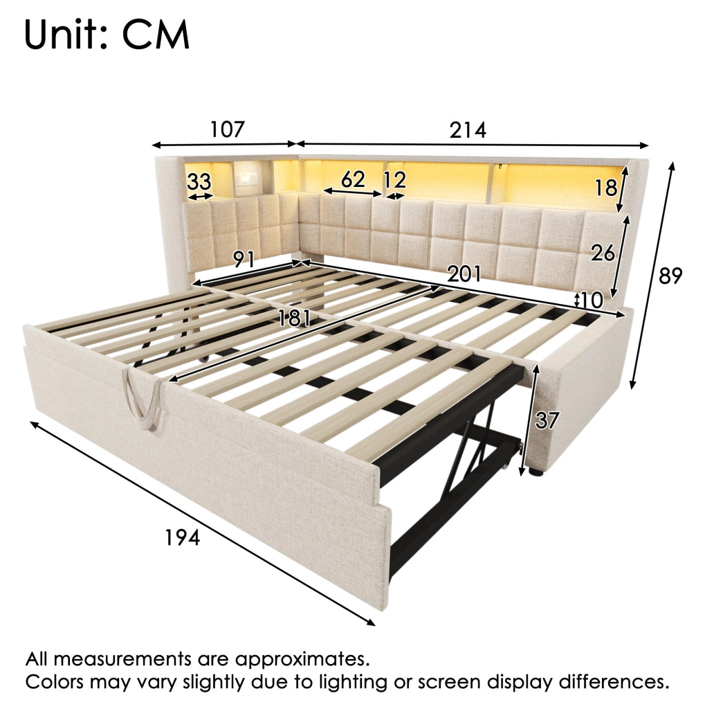 Letto imbottito 90x200 con letto estraibile, LED, Bluetooth e ricarica USB/Type-C