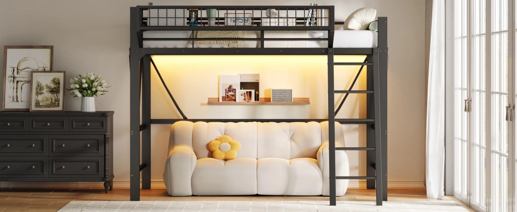 DESMIU Letto a soppalco 90 × 200 cm con cestino, luce LED e scala, senza materasso, in metallo, nero