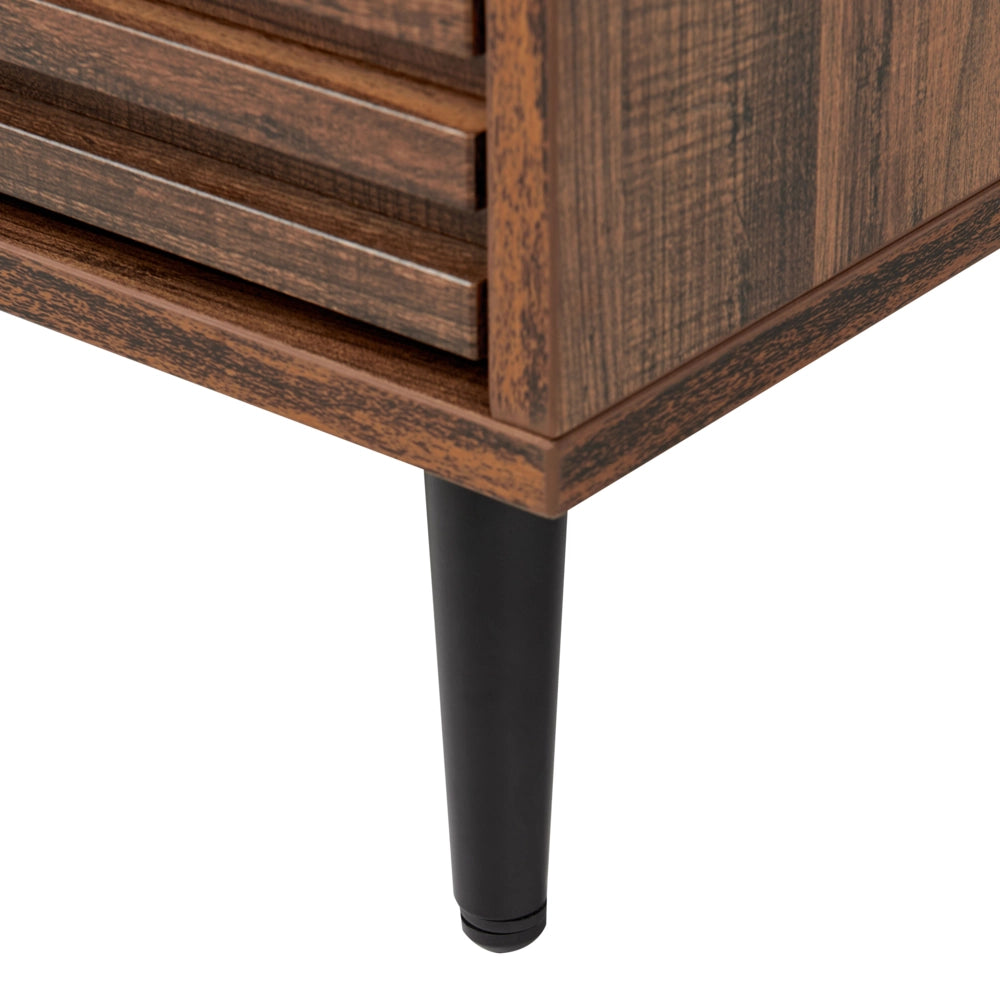 Comodino MDF legno scuro 2 cassetti Tavolino gambe in ferro moderno