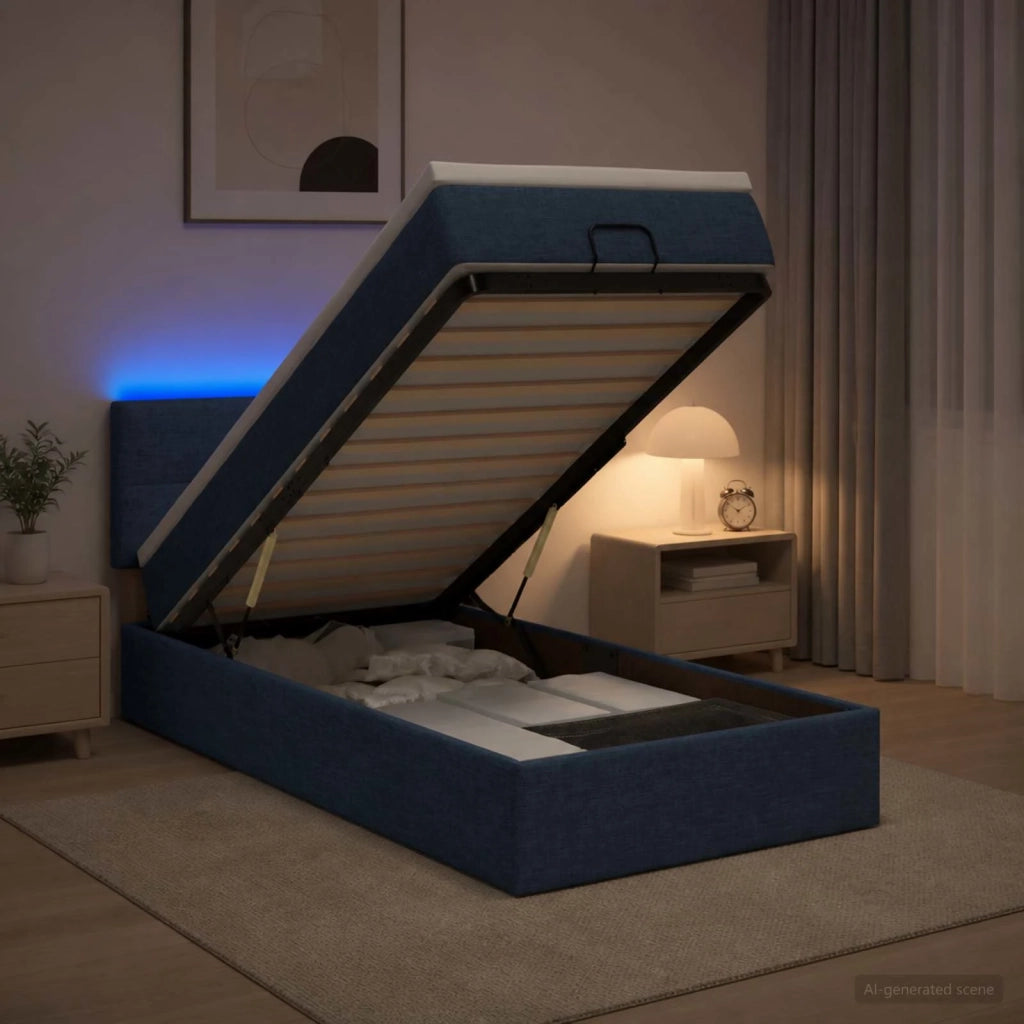 Letto Ottomano con Materasso e LED Blu 90 x 200 cm Tessuto 3456883