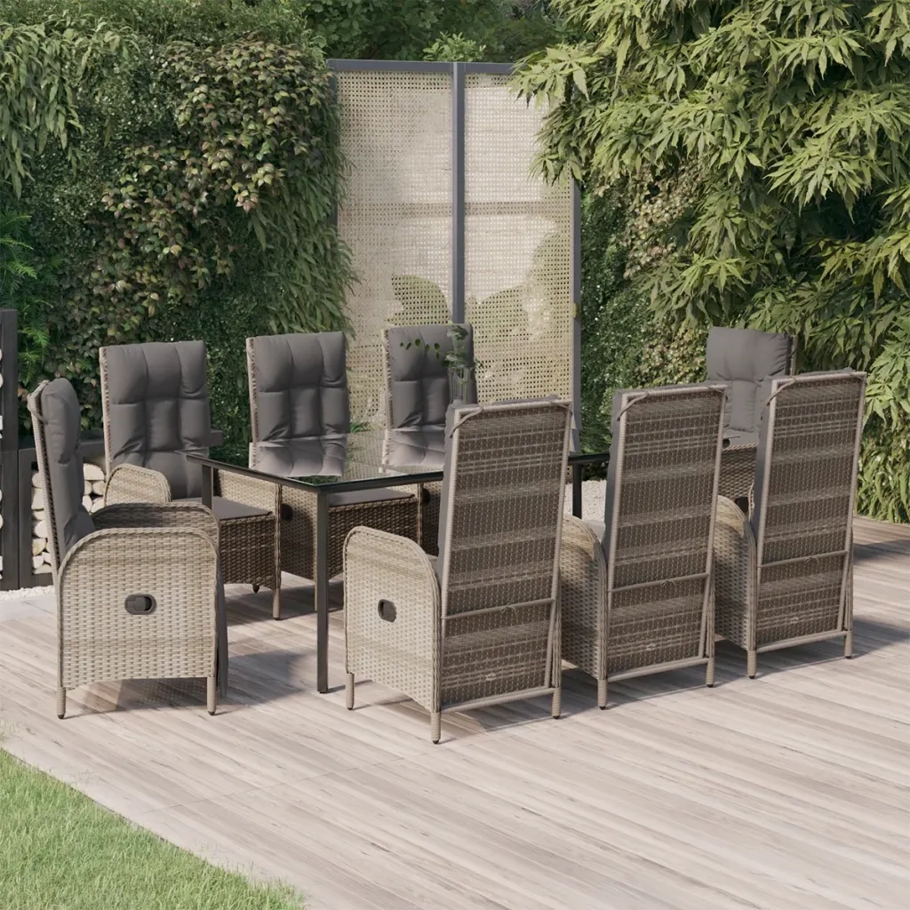 Set da Pranzo Giardino 9pz con Cuscini Nero e Grigio Polyrattan
