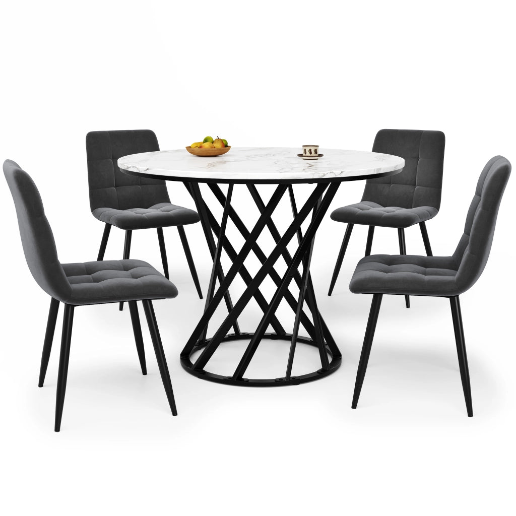 Tavolo da pranzo per 4 persone con 4 sedie in velluto, piano effetto marmo, gambe in metallo, per cucina, 80 cm