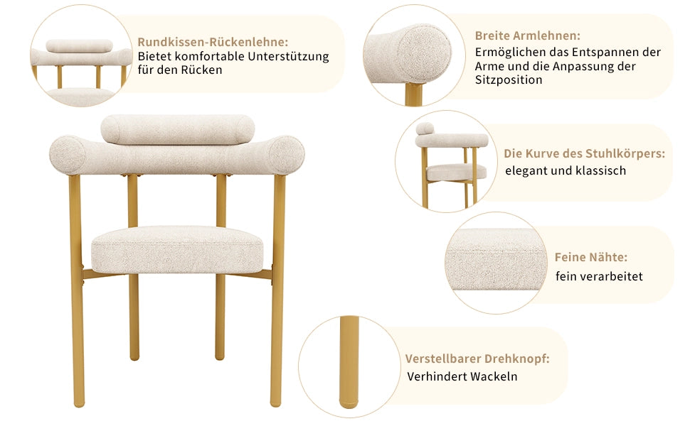 Chaise da pranzo con design ergonomico e seduta ampia imbottita per sala da pranzo soggiorno studio in metallo beige oro