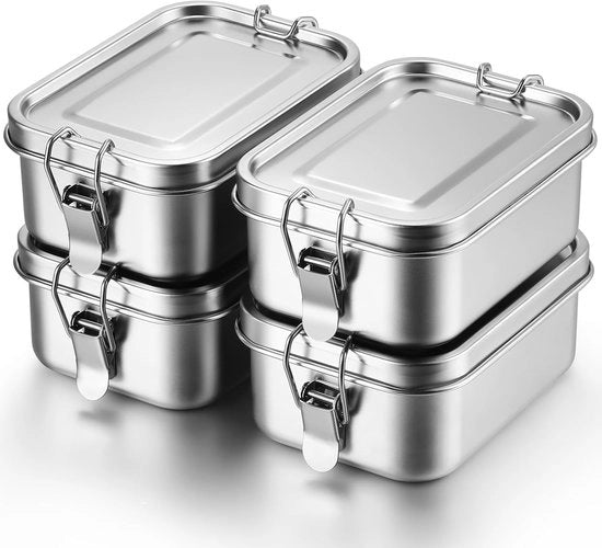 Bento Box in RVS, 550 ml, 4-pack, boxe per pasti in metallo, contenitore per alimenti, boxe per pasti, chiusura con clip, impermeabile, riciclabile, resistente al lavastoviglie, sicuro per lavoro e scuola