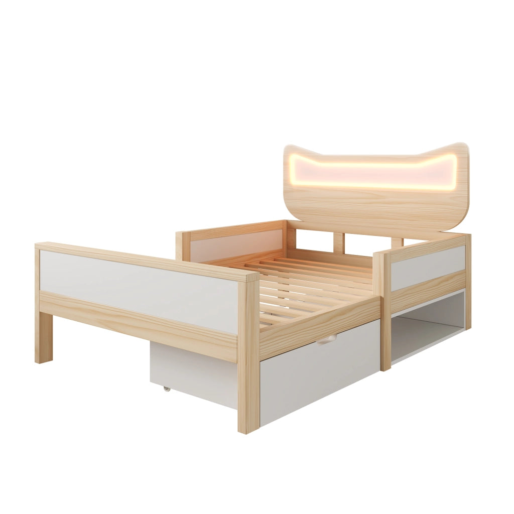 Letto bambini 90x200cm forma gatto con LED RGB, cassetto e contenitore, bianco rovere