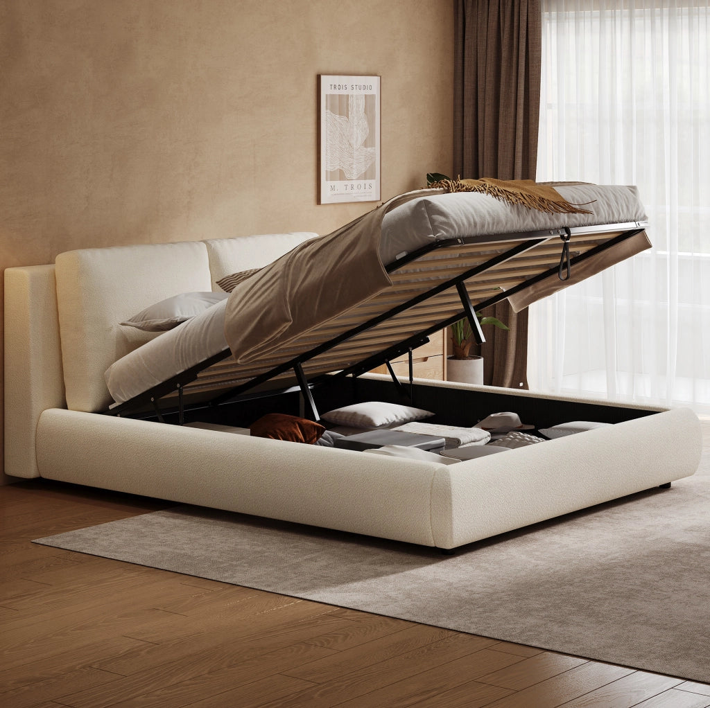 Letto matrimoniale imbottito beige in bouclé con vano contenitore
