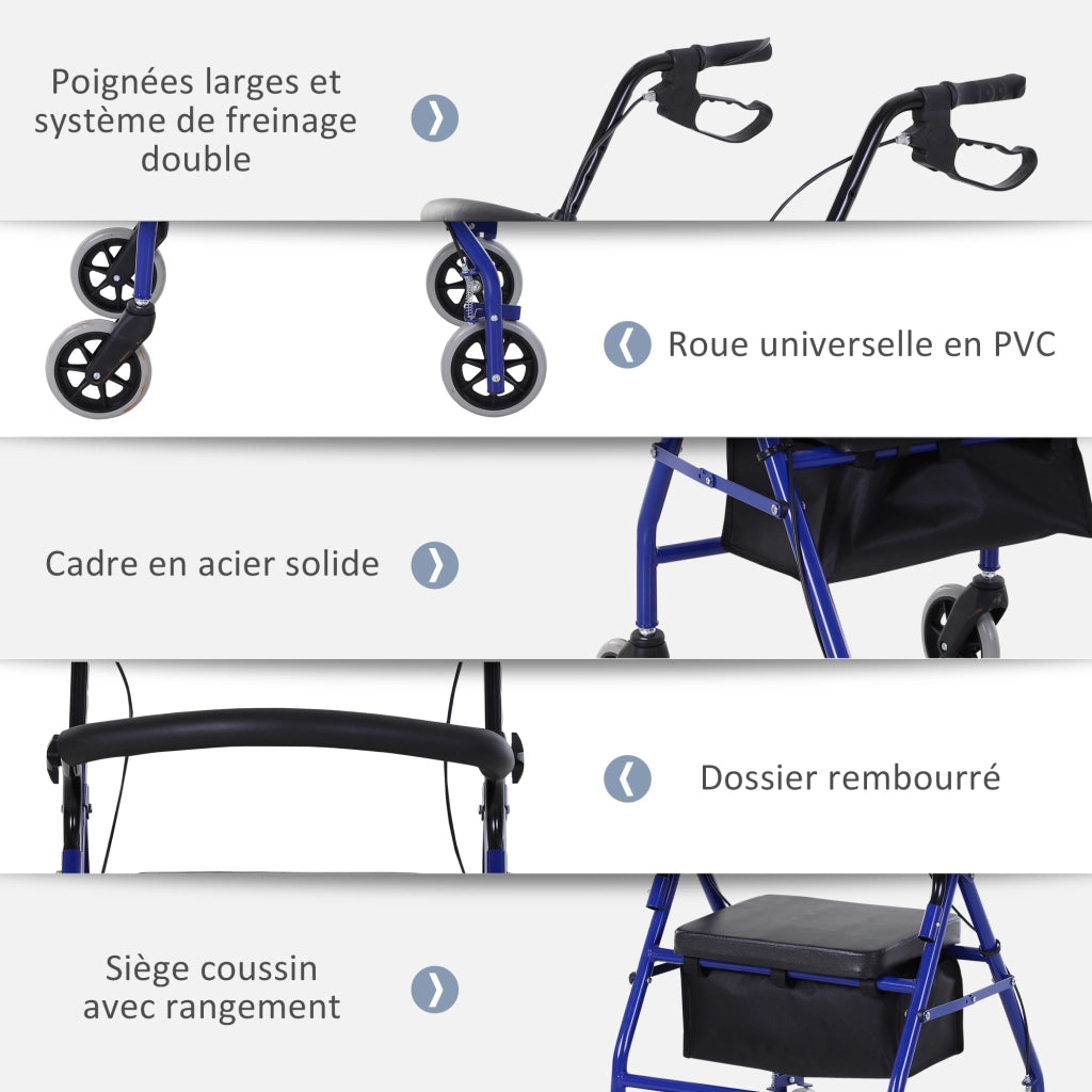 Deambulatore con Ruote e Seduta ¨C zephmum ¨C Blu, Metallo, Pieghevole