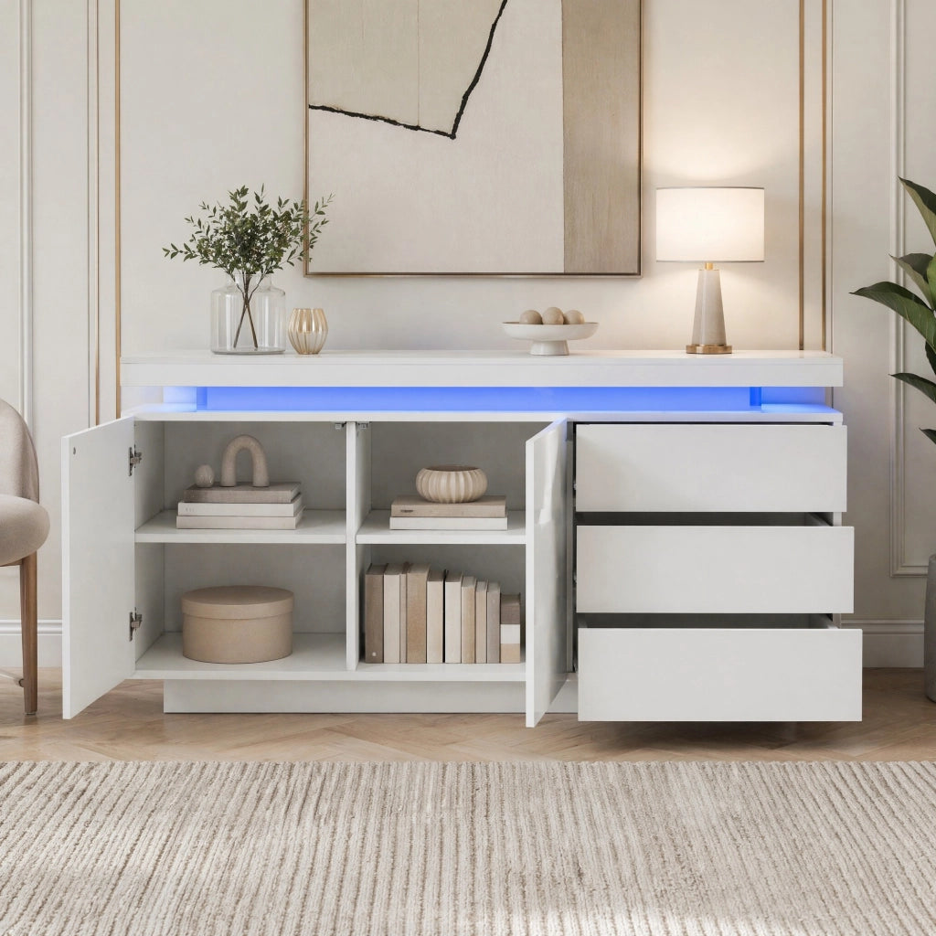 Credenza moderna bianca lucida con LED RGB, 2 ante e 3 cassetti, 140x35x72,5 cm