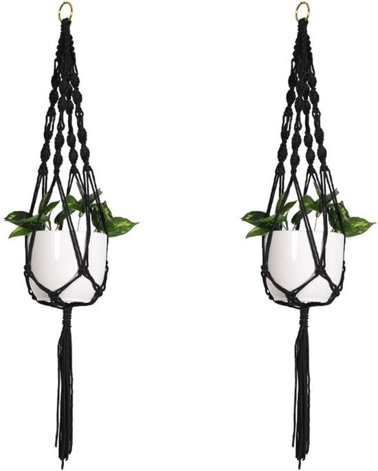 Set di 2 Pendenti per Piante - 105 cm - Con Piume - Vaso per Fiori in Cotonato - Nero