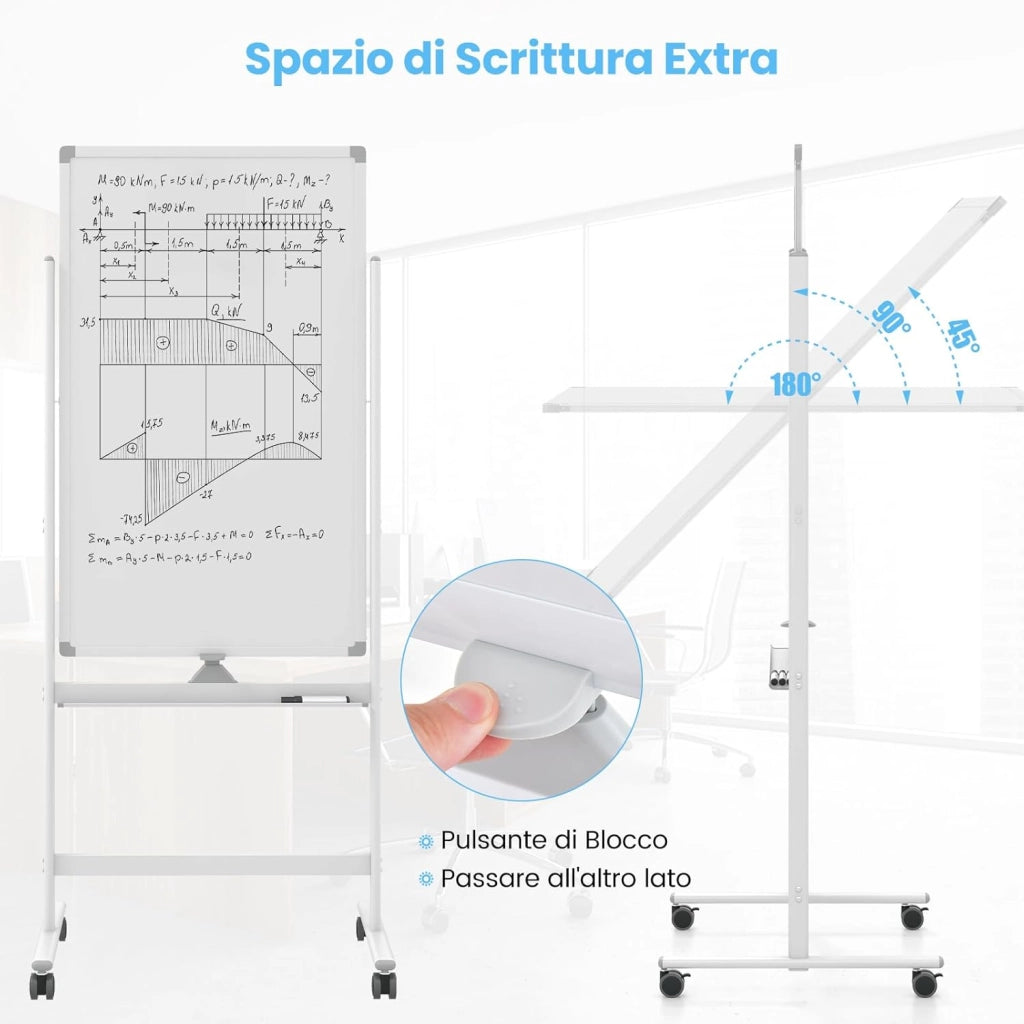 Lavagna Bianca Portatile con Ruote, Lavagna a Secco Reversibile con Pennarelli, Cancellino, Lavagna Bianca Regolabile in Altezza per Scuola, Ufficio, Casa, 68 x 56 x 155,5-183,5 cm (Bianco)