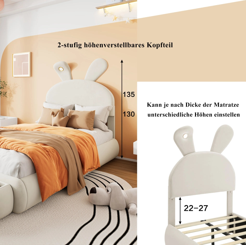 Letto singolo imbottito con orecchie di coniglio e LED 90x200 cm