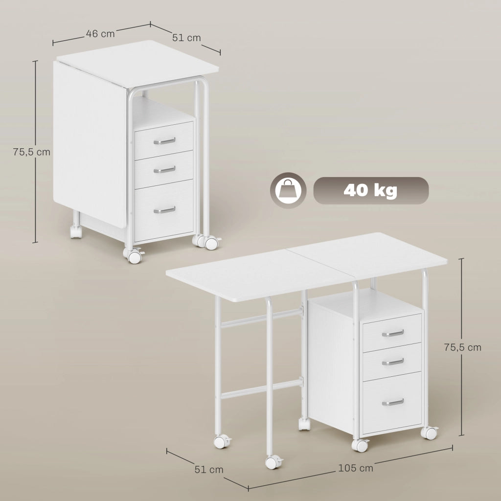 Scrivania pieghevole con ruote ¨C Xylo ¨C 3 cassetti, ripiano estraibile, 105x51x75.5cm, bianco