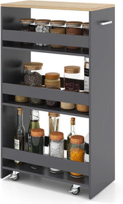 Carrello per Nicchia con Ruote, 4 Livelli，Carrello di Servizio Stretto Salvaspazio, da Bagno, Scaffale da Cucina Sottile 47,5 x 13 x 80,5 cm (Naturale+Grigio, Largo 25 cm)