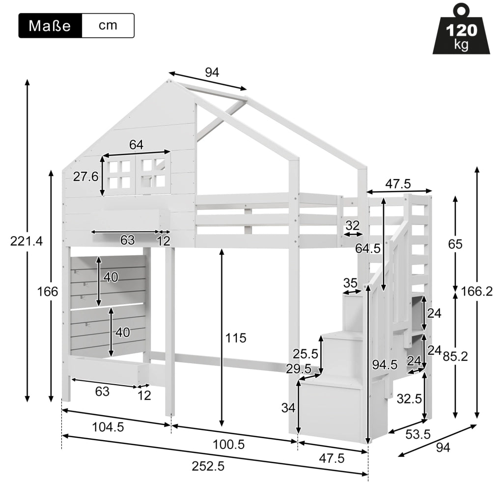 Letto a castello 90x200 cm con scala contenitore e finestra in legno e MDF bianco