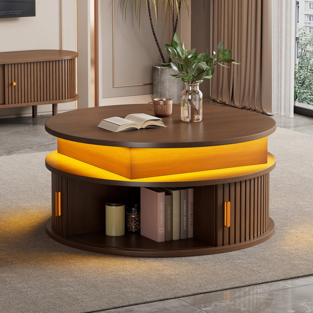 Tavolino da caffè rialzabile con LED; 2 ante a serranda e vani - per soggiorno - 75×75×52 cm - in MDF - noce