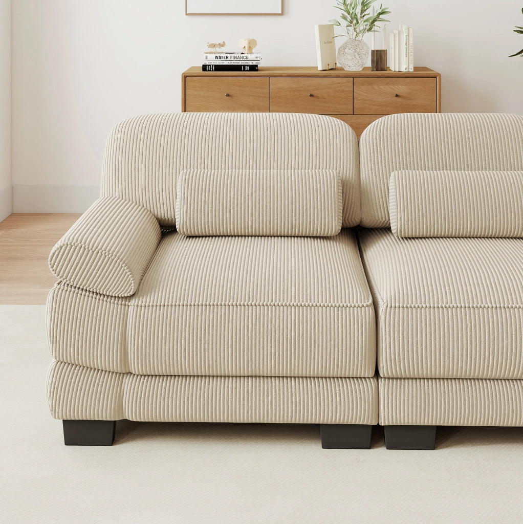 Divano modulare a U a 4 posti con 2 pouf, 336x161x94 cm, in velluto a coste beige