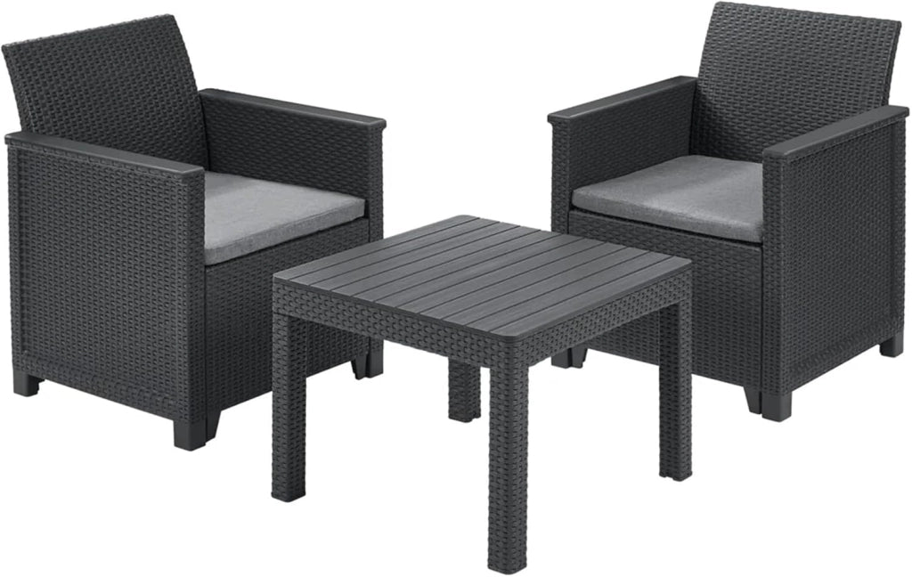 Salottino da Esterno Emma Balcony Set 3 Pezzi in Resina Effetto Rattan Colore Graphite con 2 Poltrone e Tavolino Keter