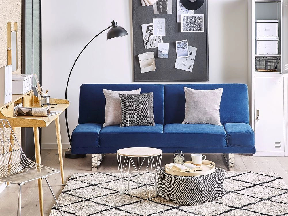 Divano Letto Rivestimento in Velluto Blu Navy 3 Posti Meccanismo Click Clack Braccioli Regolabili