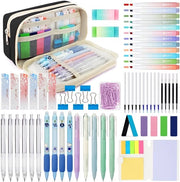 Set di scuola per ragazze con 63 articoli, elegante con custodia, 12 pastelli pastello, 5 pennarelli, 6 matite meccaniche, 4 pennarelli cancellabili, set di materiale scolastico e strumenti da scrivere, nero
