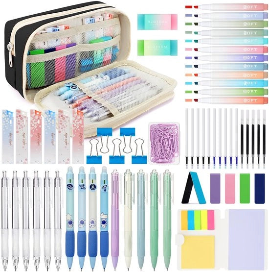 Set di scuola per ragazze con 63 articoli, elegante con custodia, 12 pastelli pastello, 5 pennarelli, 6 matite meccaniche, 4 pennarelli cancellabili, set di materiale scolastico e strumenti da scrivere, nero
