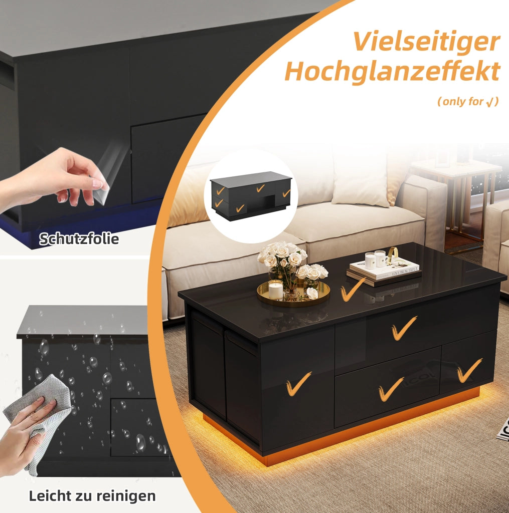 Tavolino da caffè elevabile LED bianco con 2 sgabelli