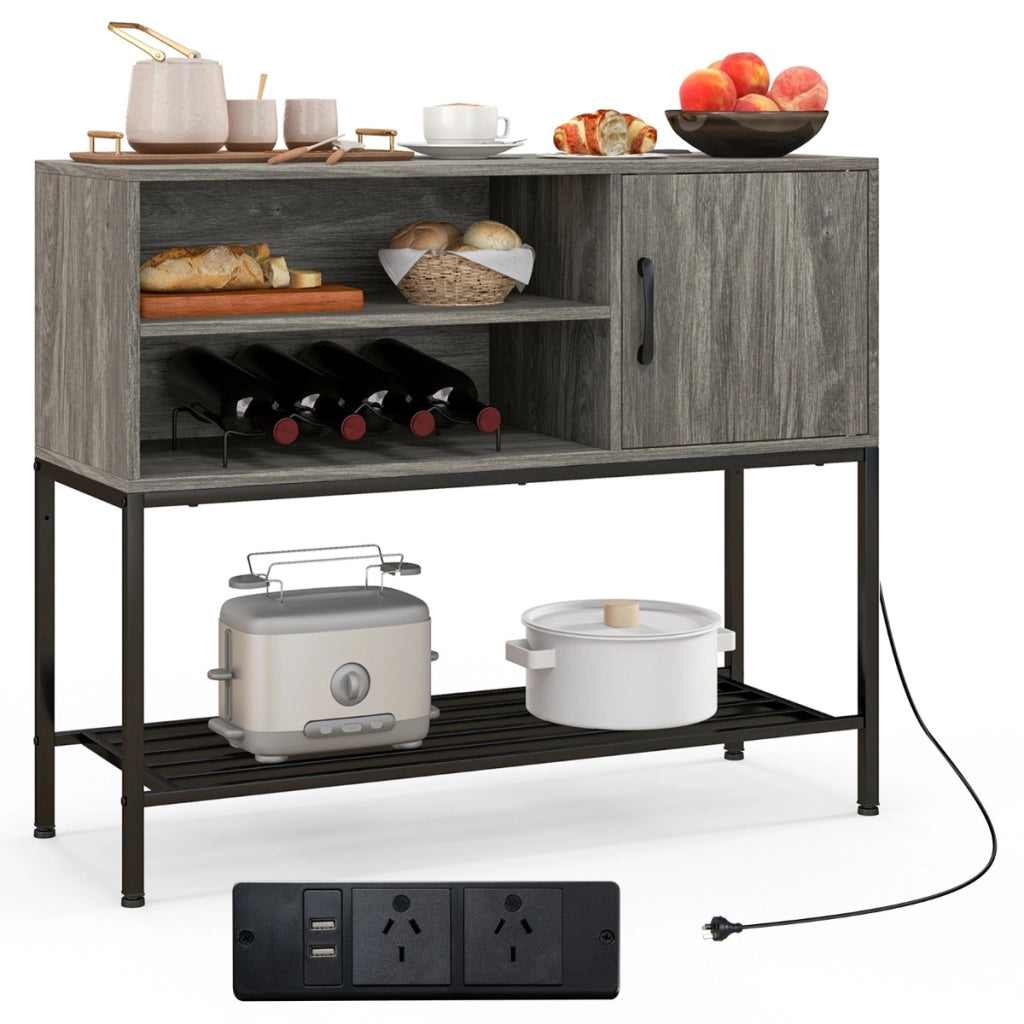 Tavolo consolle in legno con struttura metallica per sala da pranzo-Credenza buffet con portabottiglie e mensole Grigio