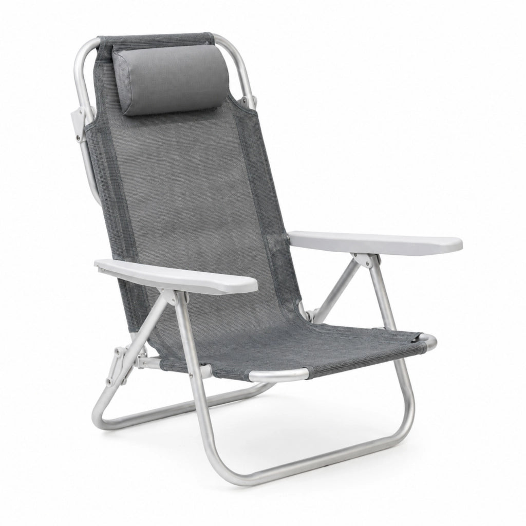 Spiaggina Reclinabile Da Mare E Campeggio Con Poggiatesta Imbottito Sedia Pieghevole In Alluminio E Textilene Traspirante Trasformabile In Lettino 48.5 x 60 x 80 Cm Grigio
