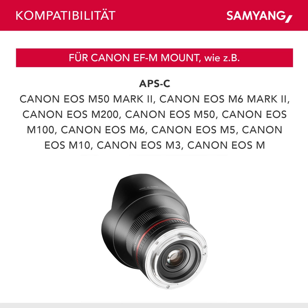 Obiettivo grandangolare fisso 12mm F2.0 APS-C per Canon M-APS-C, focus manuale – Fotocamera EOS M6 Mark II, EOS M50, EOS M200, EOS M100, EOS M10, EOS M6 II – nero