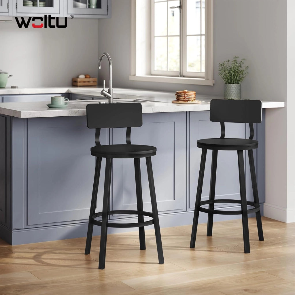 Sgabelli Cucina Set di 2, Sgabelli da Bar per Colazione, con Poggiapiedi e Schienale, Struttura in Metallo, Nero