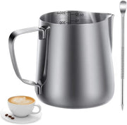 Melkopschuimkan 350 ml roestvrij staal con maataanduiding e pennello per latte art per koffie - opschuimkan manuale per baristi e appassionati di caffè.
