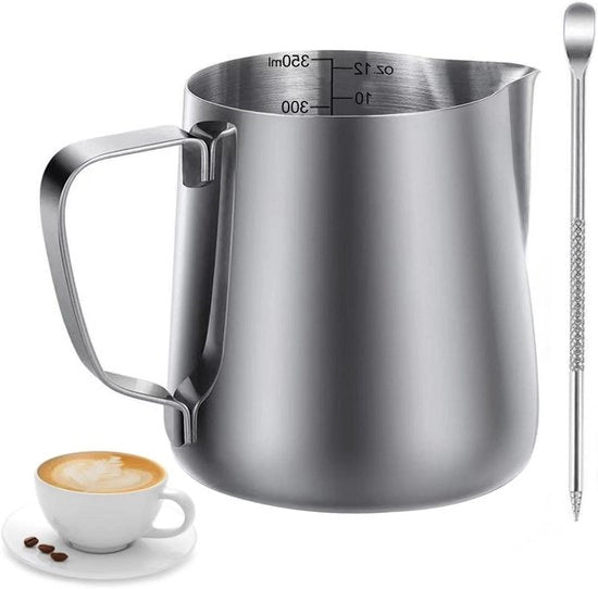 Melkopschuimkan 350 ml roestvrij staal con maataanduiding e pennello per latte art per koffie - opschuimkan manuale per baristi e appassionati di caffè.