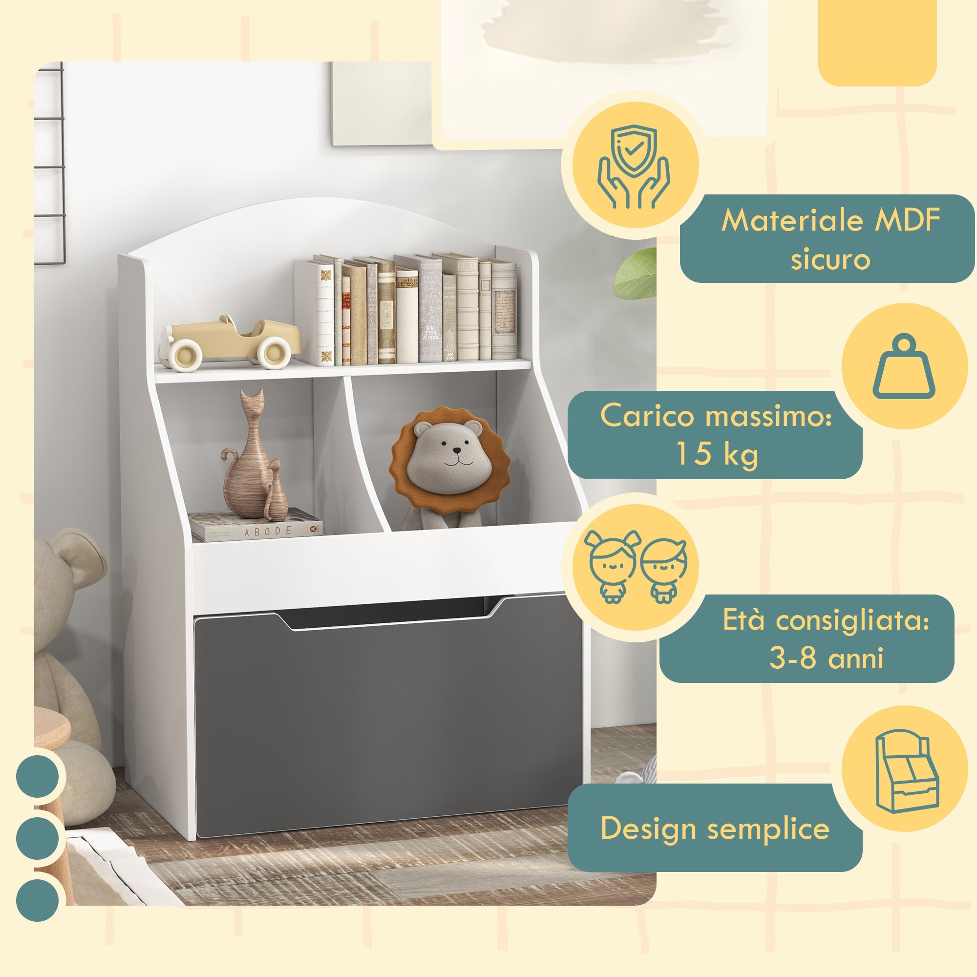 Libreria per Bambini 2 Livelli con Cassetto 62x40x88 cm Bianco